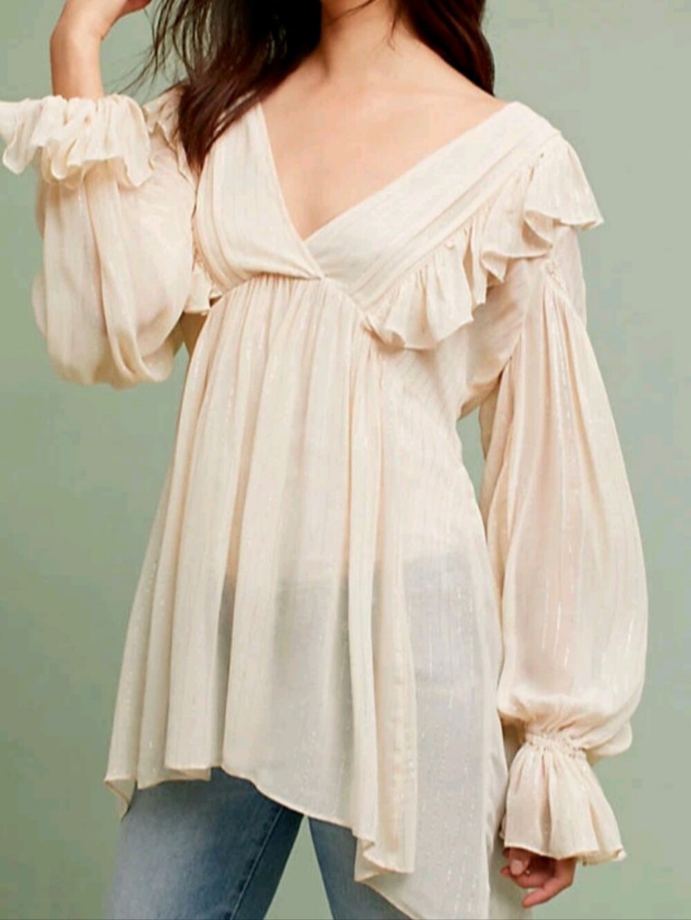 Anthropologie Maeve Cream Metallic Striped‎ Peasant Blouse Flowy Romantic Size 0